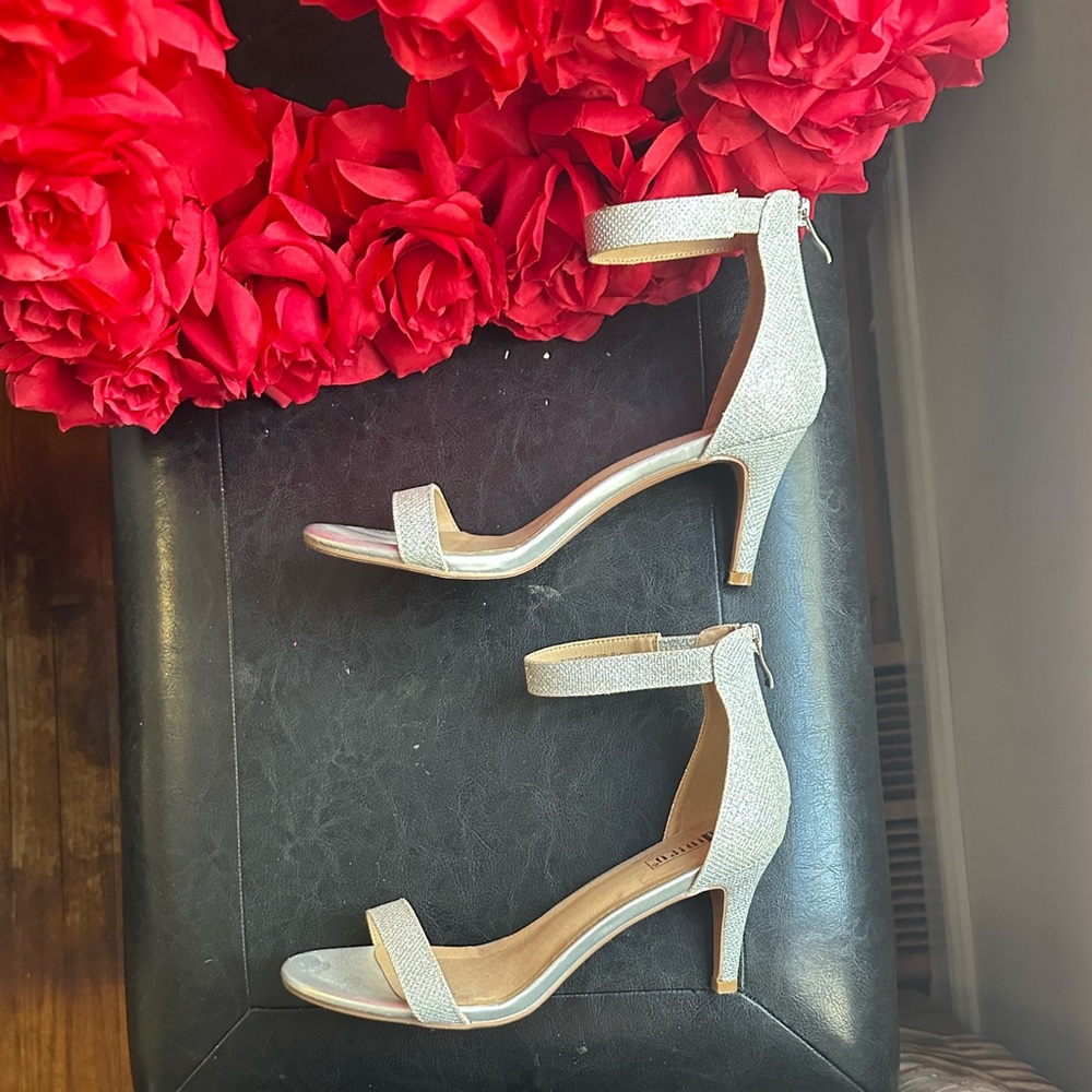 Aldo Shimmering Silver Ankle Strap Heels